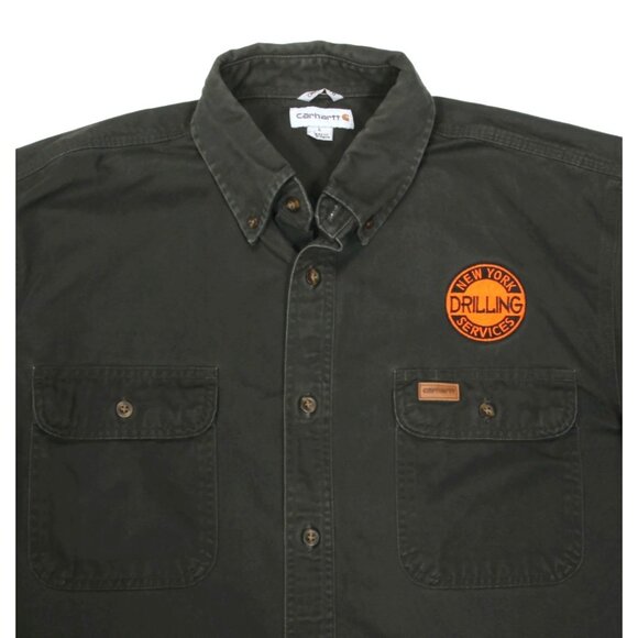 Vtg CARHARTT Gray Button Up Work Shirt New York Drilling Patch Mens sz L /839 - Picture 2 of 6
